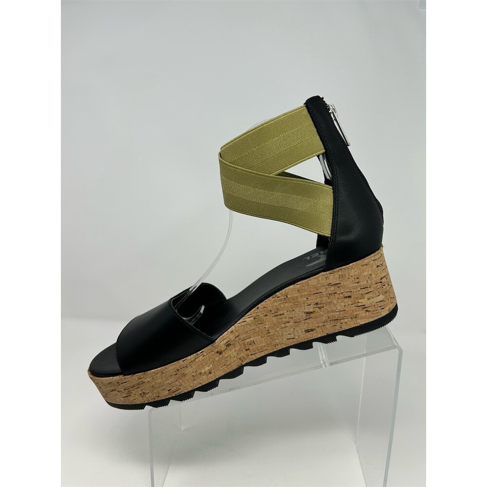 SOREL Platform Wedge Sandals Womens Black Cork Midsole Elastic Straps Size 11 - Picture 3 of 12